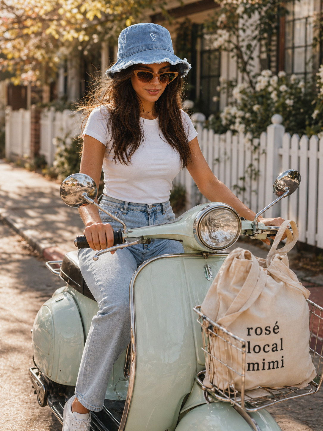 Model wearing blue denim frayed edge bucket hat, lifestyle photo