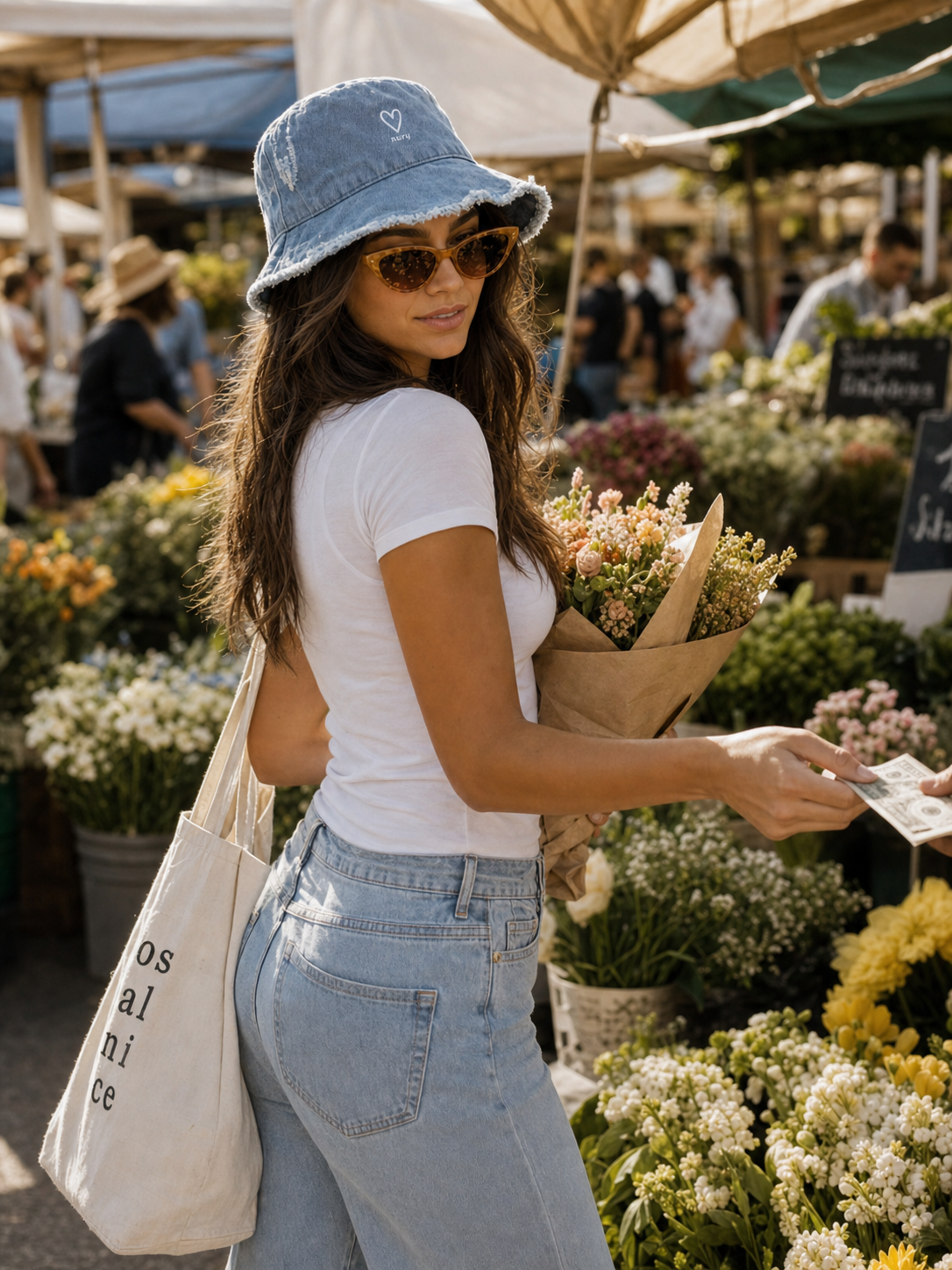 Blue denim frayed edge bucket hat lifestyle photo