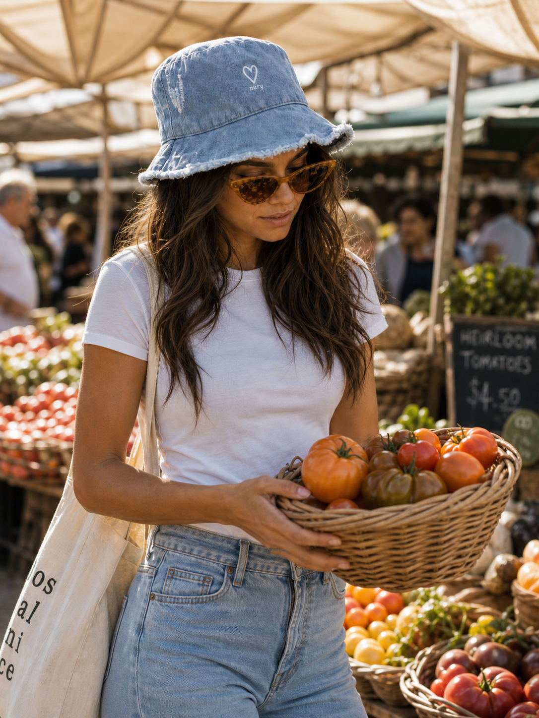 Model wearing blue denim frayed edge bucket hat