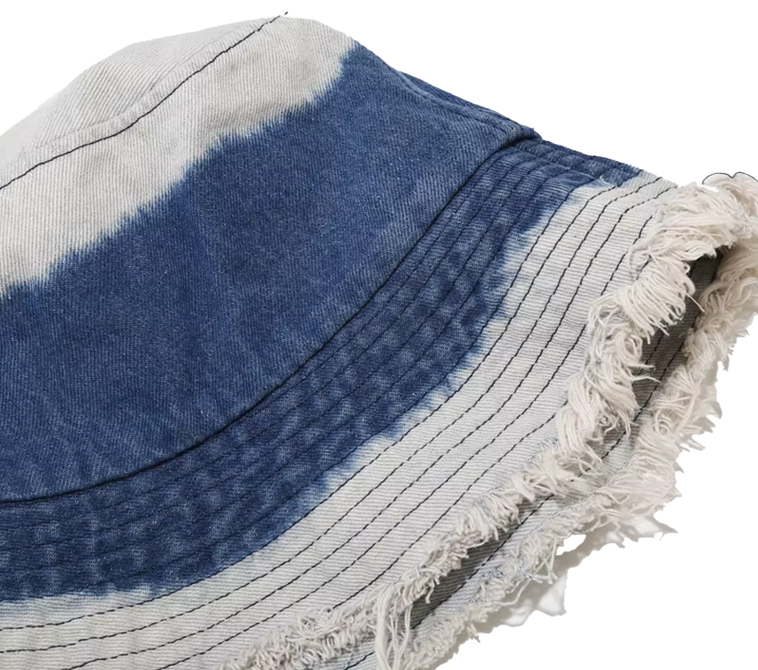 Tie dye blue denim frayed edge bucket hat detail
