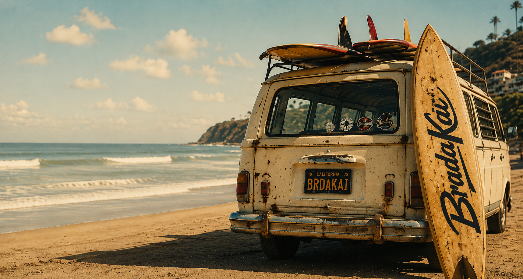 BradaKai surf van on the beach at golden hour