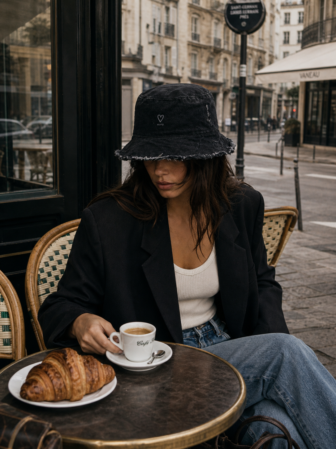 Black denim frayed edge bucket hat lifestyle photo