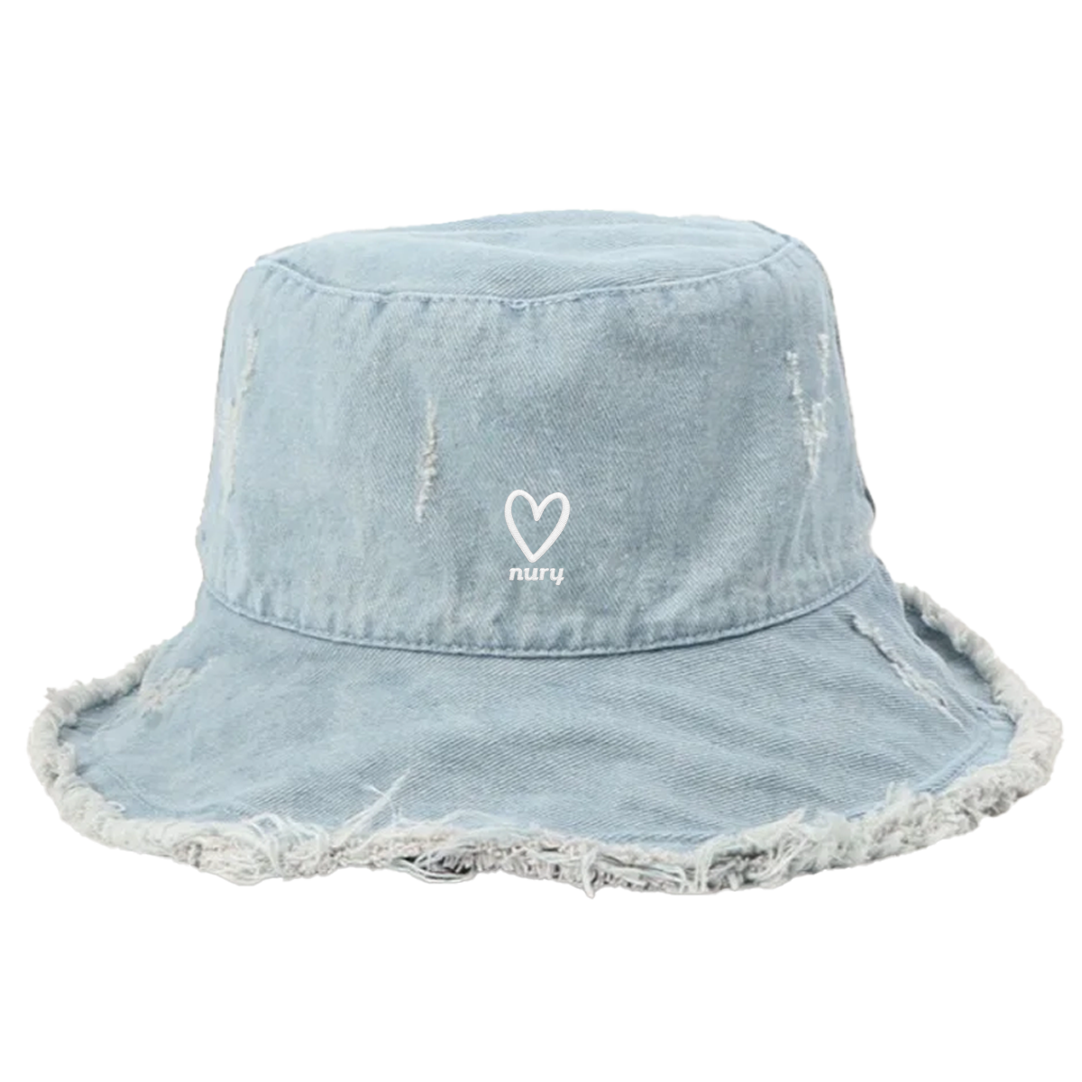 Light blue denim frayed edge bucket hat detail